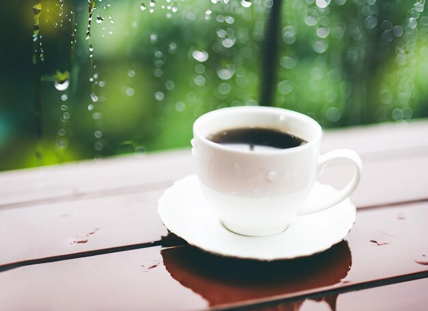 Gorąca filiżanka kawy na białym talerzu na drewnianym stole z miejscem w deszczowy dzień