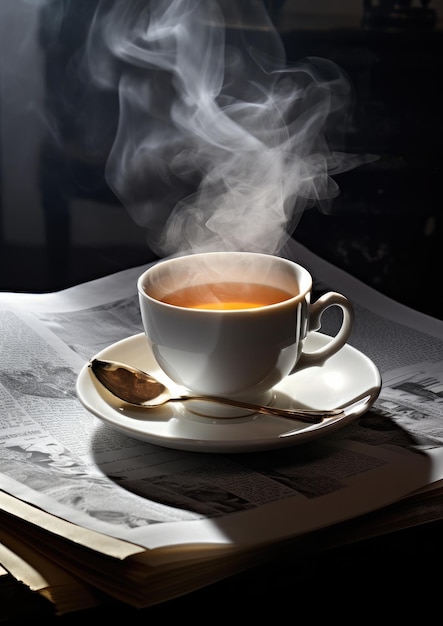 Gorąca herbata w filiżance z gazetą na stole Generacyjna AI