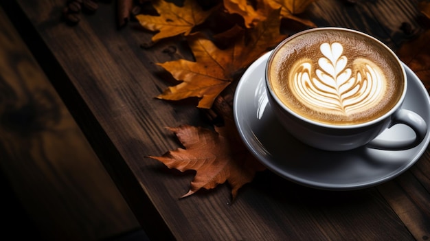 gorąca kawa latte na drewnianym stole jesienna atmosfera
