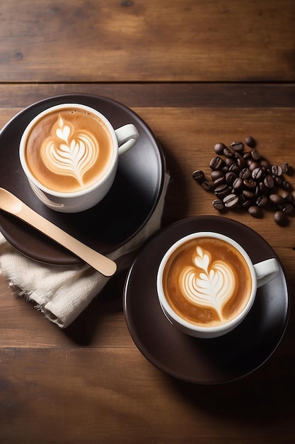 Gorąca kawa latte na drewnianym tle