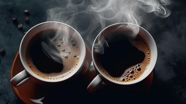 Gorąca kawa w filiżankach na ciemnym tle widok z góry zbliżenie