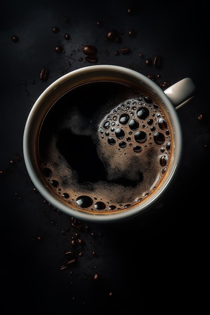 Gorąca kawa w filiżankach na ciemnym tle z góry