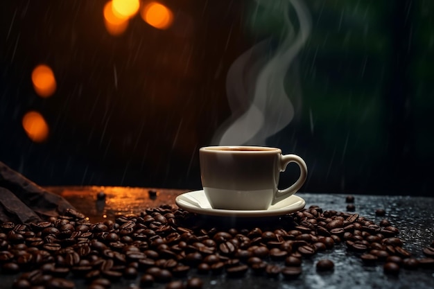 gorąca kawa z odrobiną ziaren kawy z boku