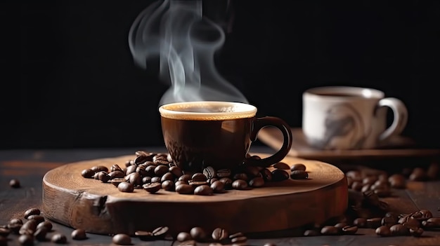 Gorąca kawa z ziaren kawy na stół z drewna