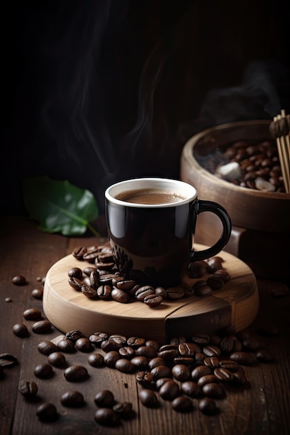 Gorąca kawa z ziaren kawy na stół z drewna