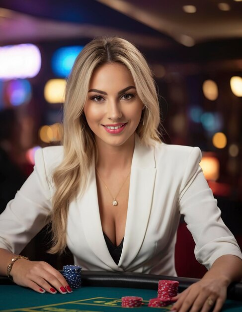 Gorąca kobieta na żywo dealer blackjack stolik