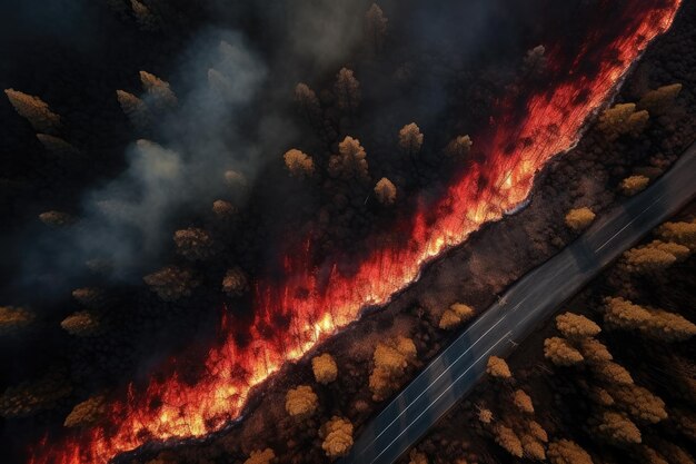 Gorąca letnia pogoda z ekstremalnymi pożarami w lasach widok z powietrza nad drogą samochodową Generative Ai