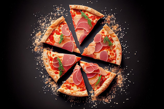 Gorąca pizza z bekonem widok z góry ilustracja 3d Generative AI