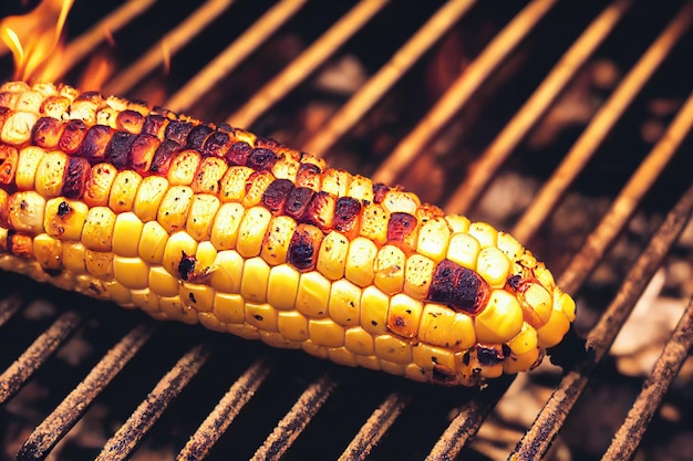 Gorąca pyszna grillowana kukurydza z pieczonymi ziarnami na otwartym ogniu na ruszcie grillowym