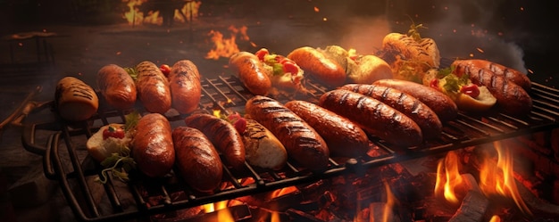 Gorące hotdogi na grillu nad płomieniami