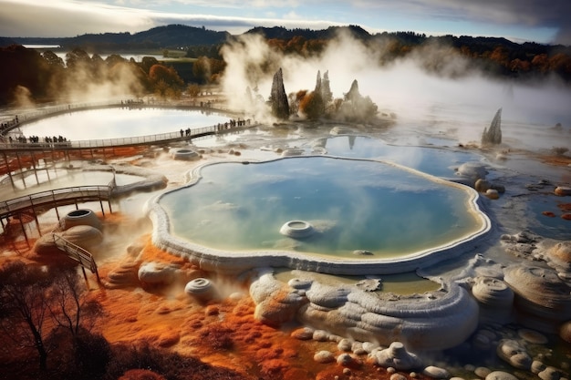 Gorące źródła w Parku Narodowym Yellowstone Wyoming Stany Zjednoczone Ameryki Te Puia park termalny Rotorua miasto Nowa Zelandia AI Generated