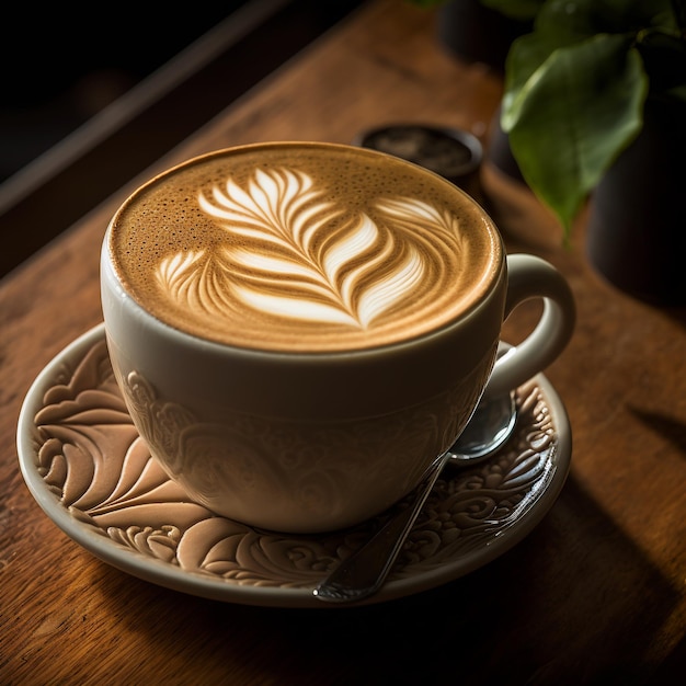 Gorącej Kawy Capuccino Kubek Z Latte Art Na Drewnianym Stole W Kawiarni