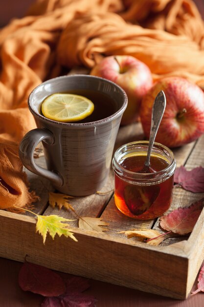 Gorący Cytrynowy Miód Herbata Ocieplenie Napój Szalik Przytulne Jesienne Liście