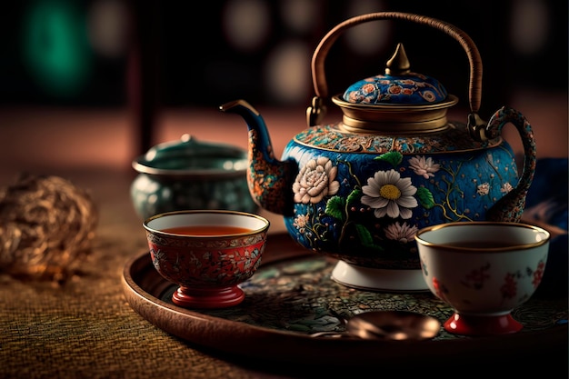 Gorący czajniczek i filiżanki vintage zestaw do herbaty Generative AI