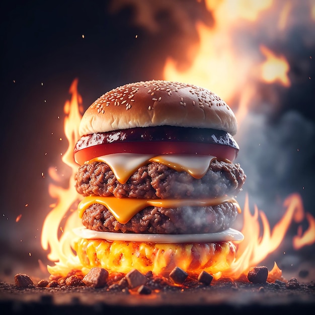 Zdjęcie gorący hamburger i gorący cheesy beef burger w płomieniach ognia generowanych przez ai