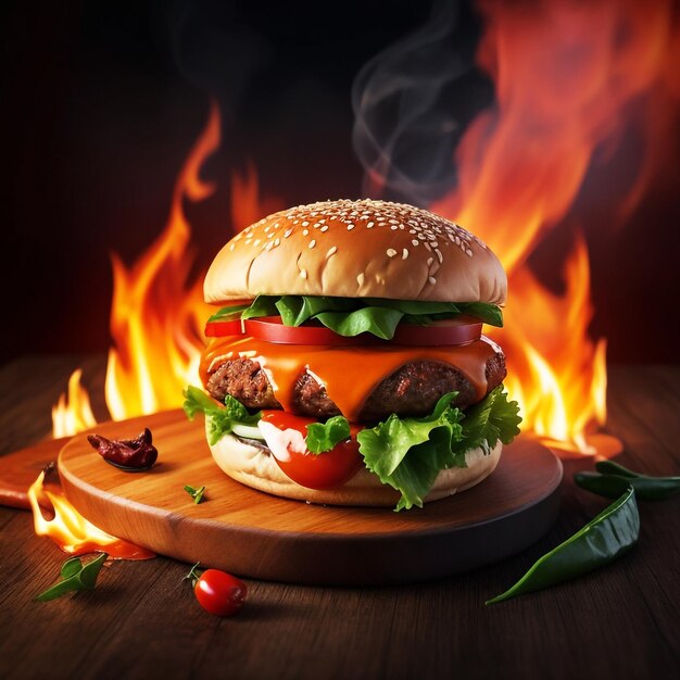Zdjęcie gorący i pikantny pyszny hamburger z ogniem