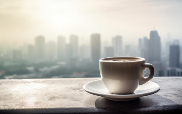 Gorący napój z filiżanki kawy na szczycie budynku wieżowca z tłem panoramy miasta