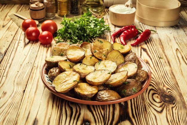 Gorący pieczony ziemniak na parze z solą morską i rozmarynem w misce na drewnianym stole z bliska