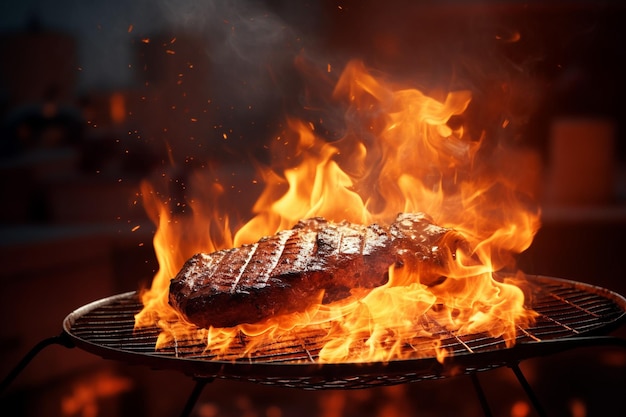 Zdjęcie gorący pusty stalowy grill bbq z jasnym płomiennym ogniem i dymem na czarnym tle gotowy do