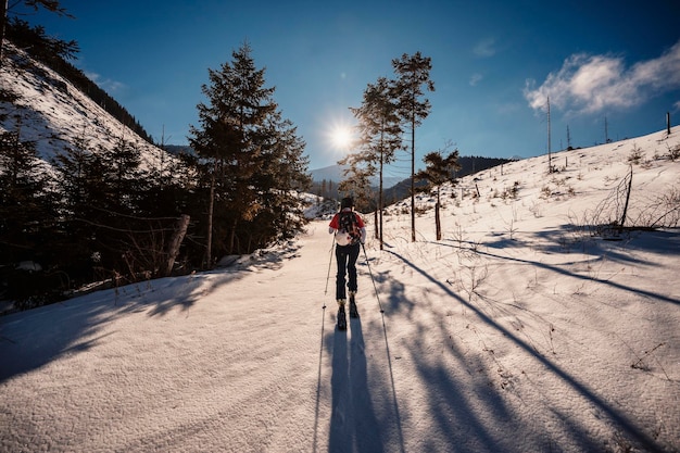 Góral backcountry ski walking skialpinista w górach Skialpinizm w alpejskim krajobrazie z ośnieżonymi drzewami Przygoda sporty zimowe