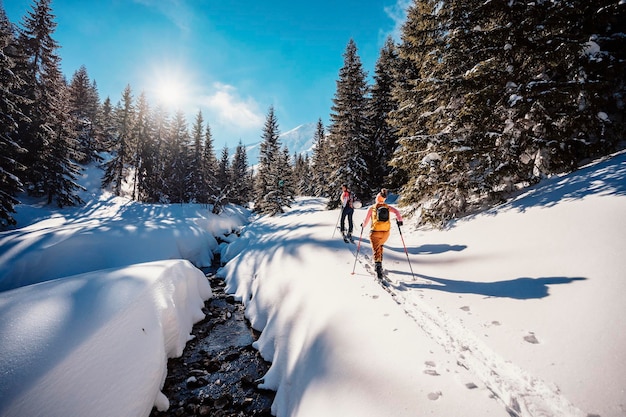 Góral backcountry ski walking skialpinista w górach Skialpinizm w alpejskim krajobrazie z ośnieżonymi drzewami Przygoda sporty zimowe