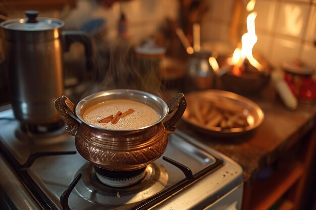 Zdjęcie górka zupy wypełniona gotującymi składnikami siedzi delikatnie na palniku kuchennym w dobrze oświetlonej kuchni uspokajająca scena garnka masala chai gotującego na kuchence generowana przez ai