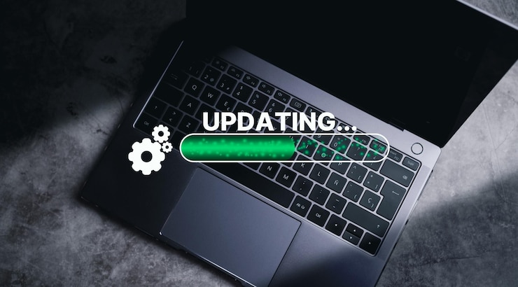 Górne zdjęcie laptopa z koncepcją aktualizacji Interfejs aktualizacji oprogramowania z pustą przestrzenią do użycia