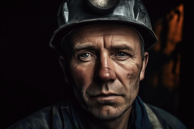Górnik z brudną twarzą w kasku przy pracy w kopalni węgla Generative AI