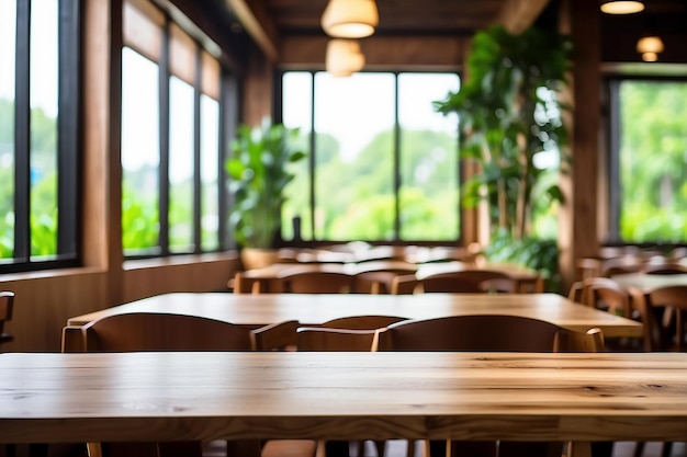 Górny stół drewniany z niewyraźnym zielonym restauracją miękkie okno jasne wnętrze tła