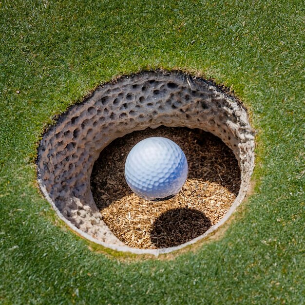 Górny widok białej piłki golfowej ułożonej w okrągłą dziurę na polu golfowym w świetle dnia w lecie