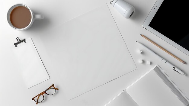 Górny widok biurka z pustym arkuszem papieru, filiżanką kawy, tabletem, ołówkiem, długopisem, parą okularów i książką.