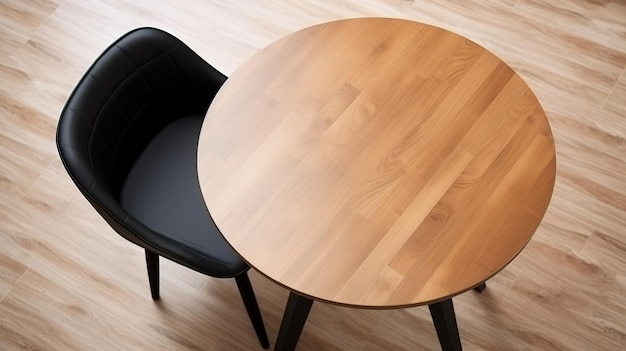 Górny widok drewnianego stołu i czarnego krzesła w nowoczesnej jadalni