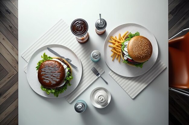 Zdjęcie górny widok dwóch hamburgerów zdjęcie z góry posiłku dla dwóch z hamburgerami, napojami i przyprawami porządnie ułożonymi na białym stole