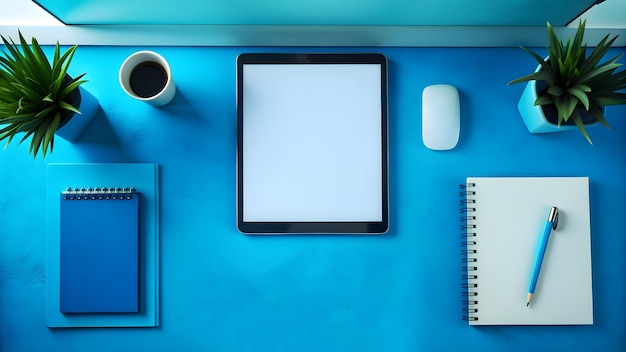 Górny widok niebieskiego biura z pustym ekranem tabletu