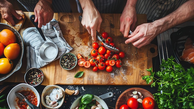 Zdjęcie górny widok pary rąk cięcia pomidorów wiśniowych na drewnianej desce w kuchni
