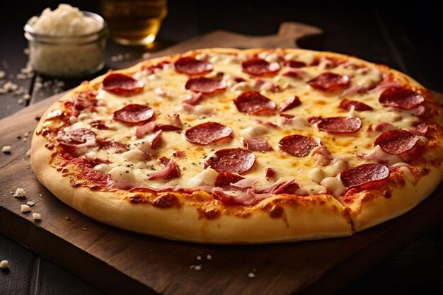Górny widok pizzy wypełnionej pomidorami, kolorowymi paprykami, salami i oliwkami na drewnianej desce