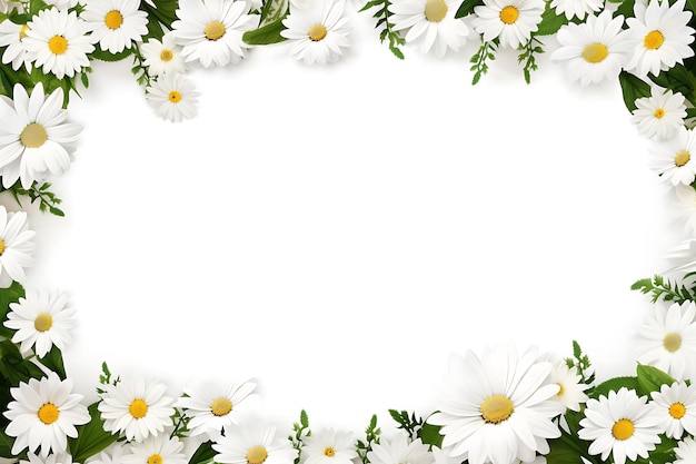 Zdjęcie górny widok pustej ramki ozdobionej białymi kwiatami margaretki na białym tle