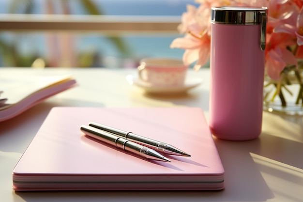 Górny widok różowego planu kolorowego pióro do pisania i otwarty spiralny notebook na szarym piasku