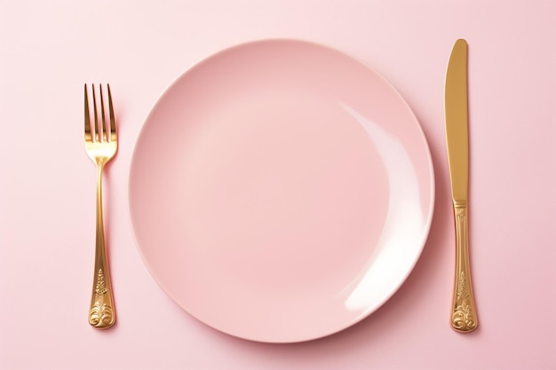 Górny widok talerza z keto dietetycznym jedzeniem i złotym widelcem i nożem