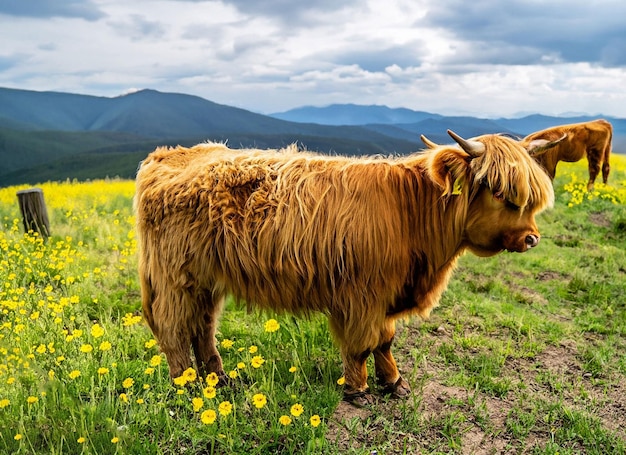 Górska krowa stoi na polu kwiatów.