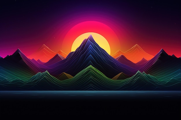 Górska sylwetka na tle neonowych gradientów symulujących zachód słońca