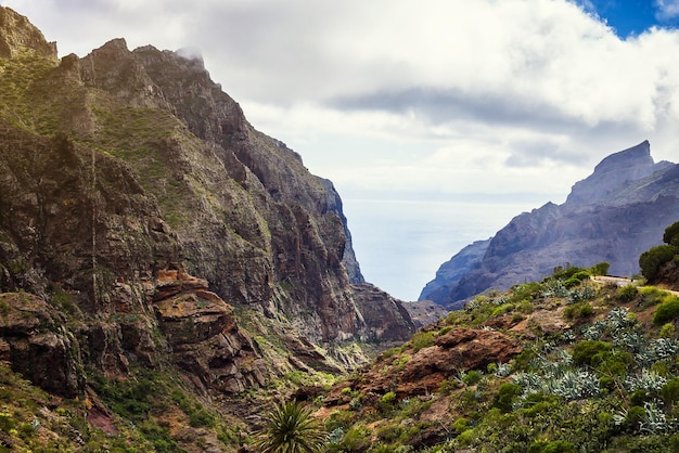 Górski krajobraz wąwozu Masca Piękne widoki na wybrzeże z małymi wioskami na Teneryfie Wyspy Kanaryjskie