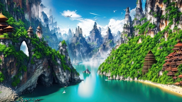 Górski krajobraz z błękitnym jeziorem i łodzią w wodzie
