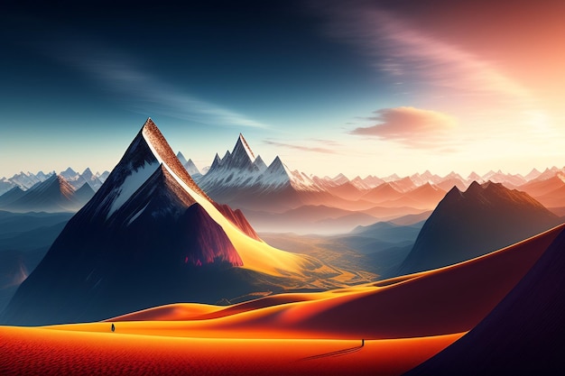 Górski krajobraz z górami i zachodem słońca