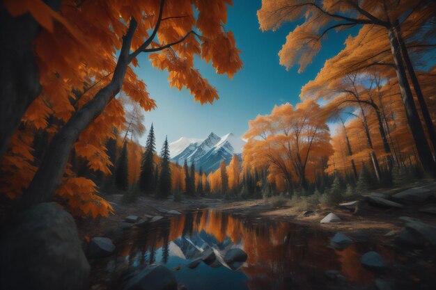 Górski krajobraz z jesiennymi drzewami i jeziorem generującym ai