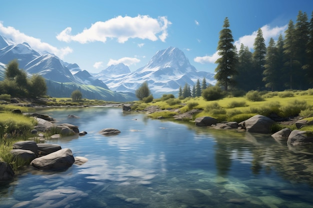 Górski krajobraz z jeziorem i lasem Hiperrealistyczna ilustracja