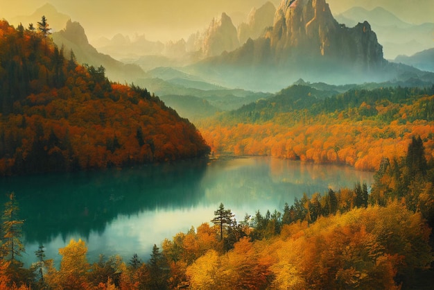 Górski krajobraz z jeziorem, jesienią, sztuką cyfrową