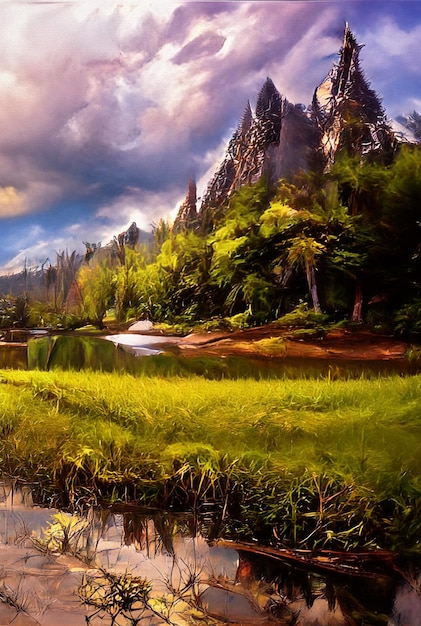 Górski krajobraz z jeziornym lasem i górami Ilustracja