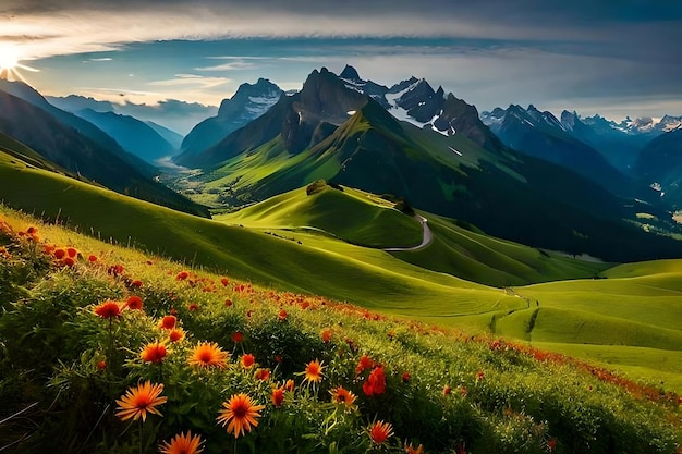 Górski krajobraz z kwiatami na pierwszym planie