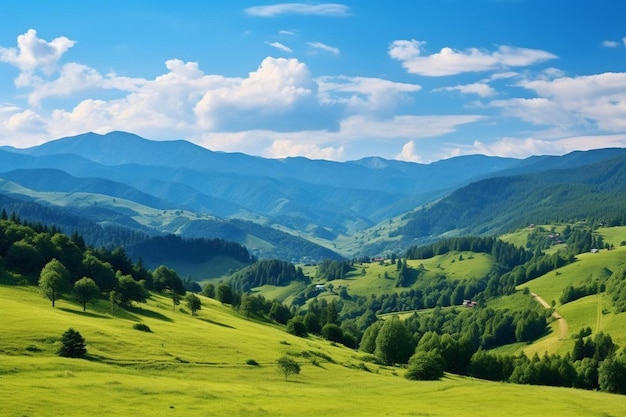 górski krajobraz z zieloną doliną i górami w tle